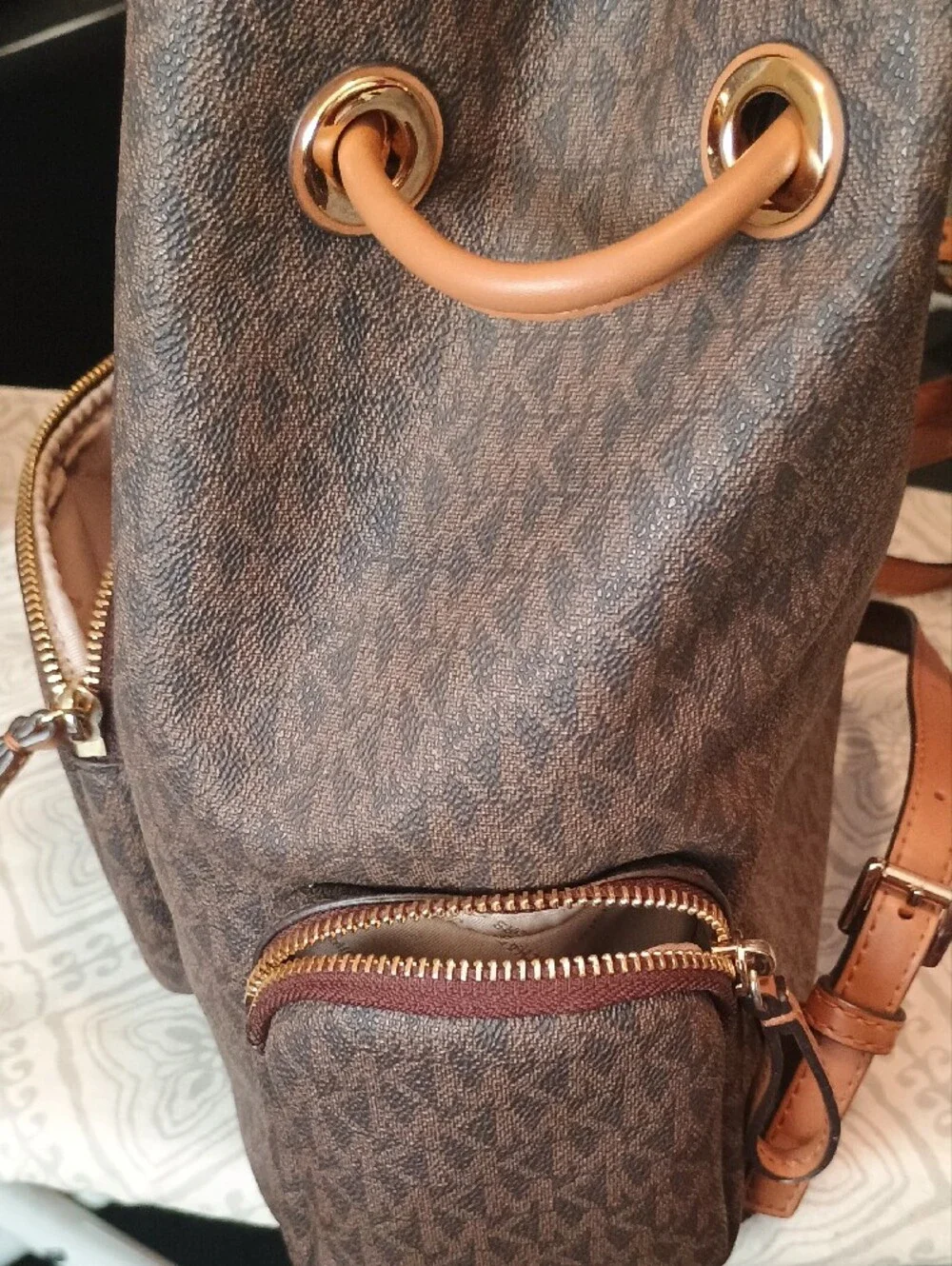 Michael Kors Brown & Tan Logo Backpack with Gold Accents